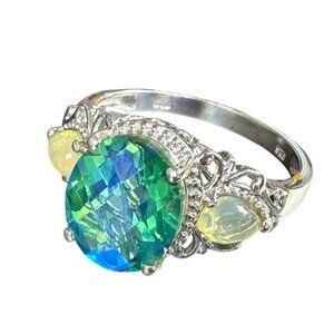 Exotic Peacock Quartz & Opal Ring in Sterling Silver Size 11